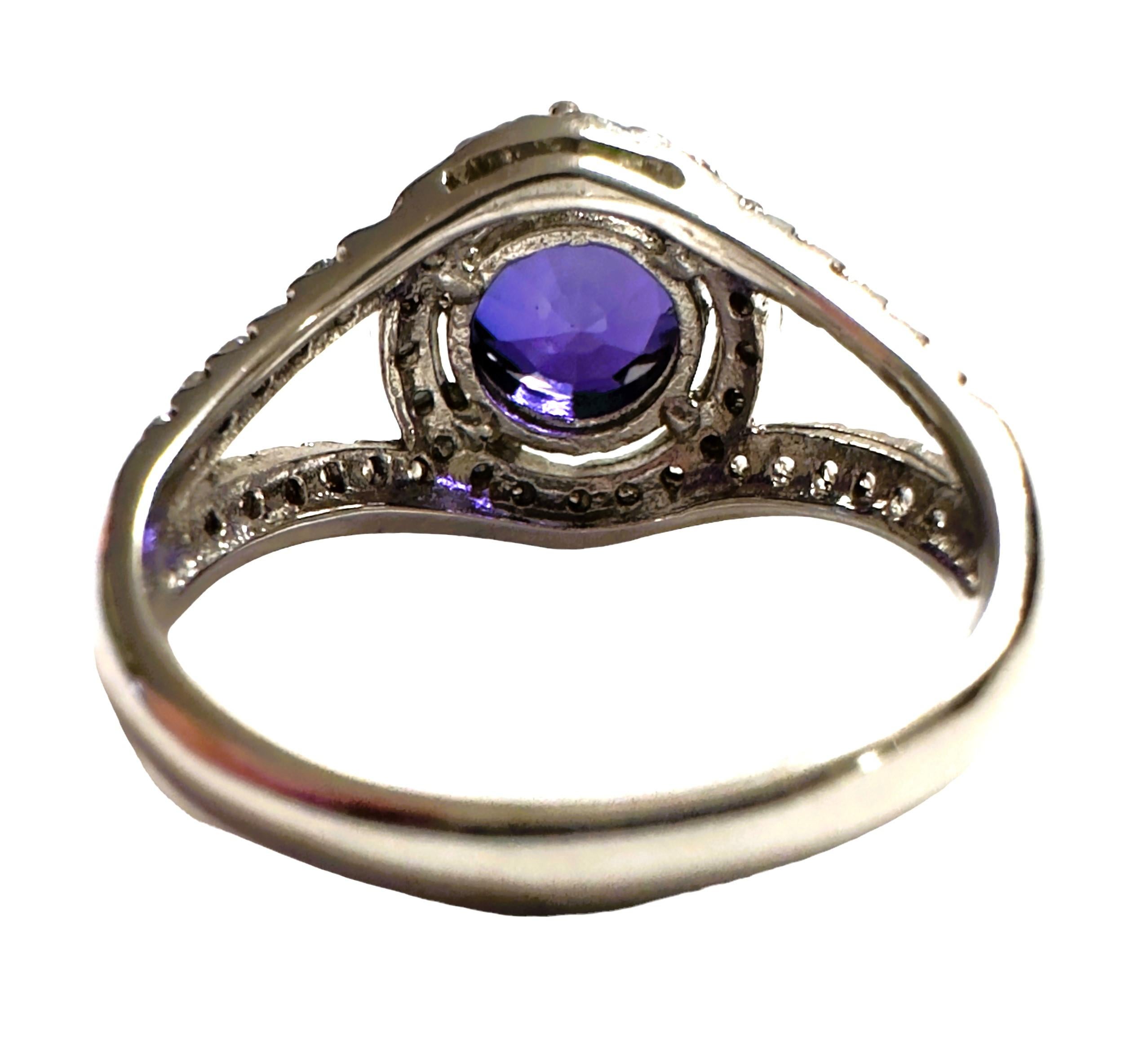 Round Cut New African IF 4.30 Ct Blue Purple Sapphire & White Sapphire Sterling Ring