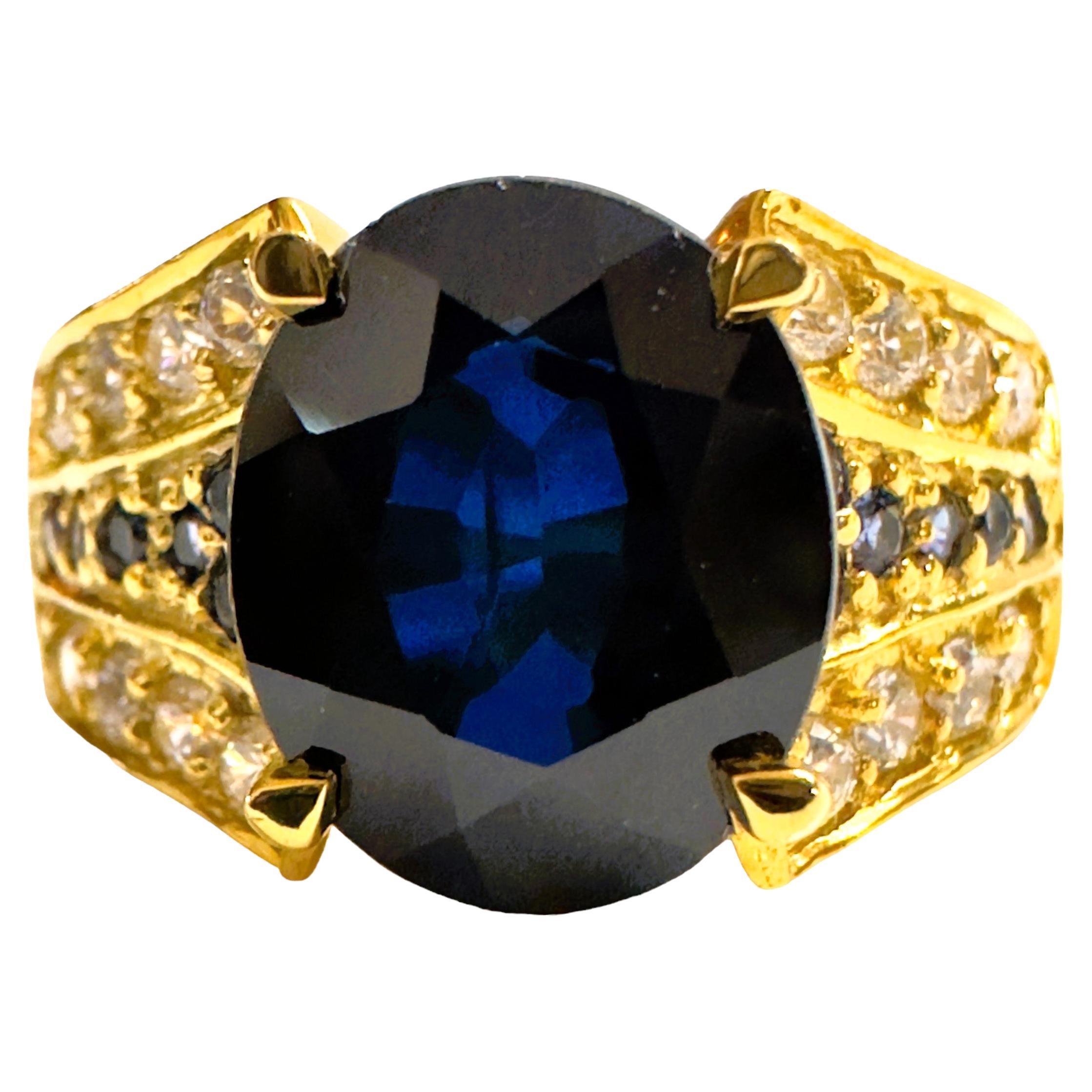 New African IF 4.40 Ct Deep Blue Sapphire YGold Plated Sterling Ring Size 7.5 For Sale