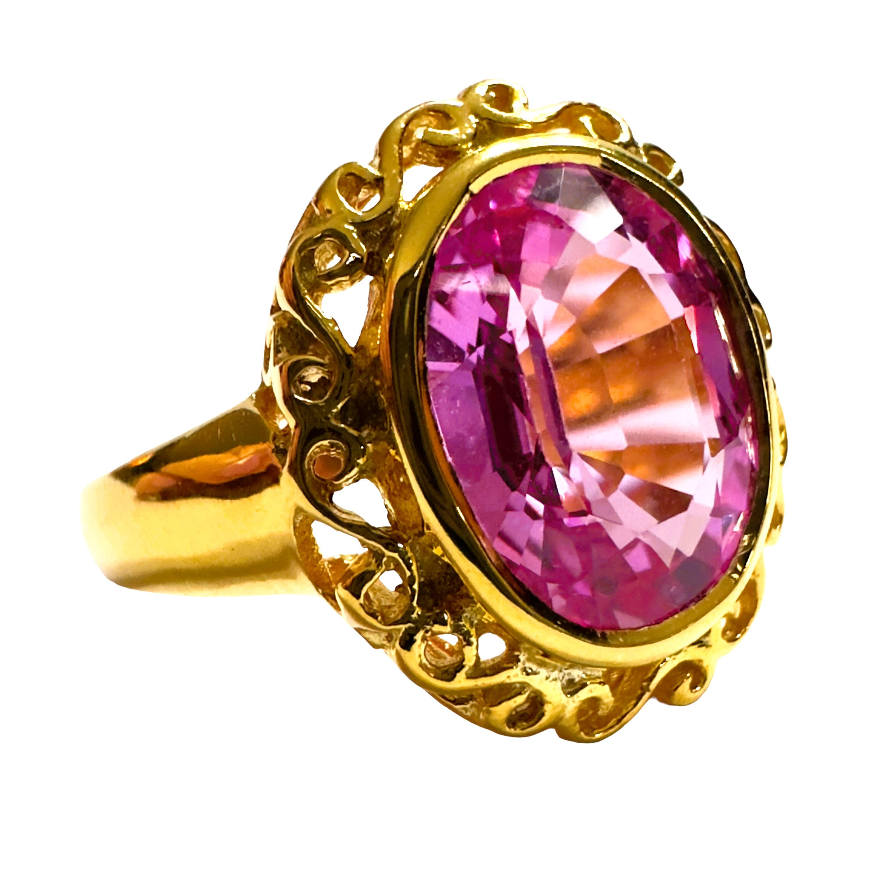 New African 4.8 ct Platinum Pink Sapphire Yellow Gold Plated Sterling Ring  For Sale 1