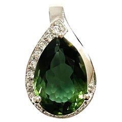 New African IF 5.40ct Forest Green Tourmaline and Sapphire Sterling Pendant