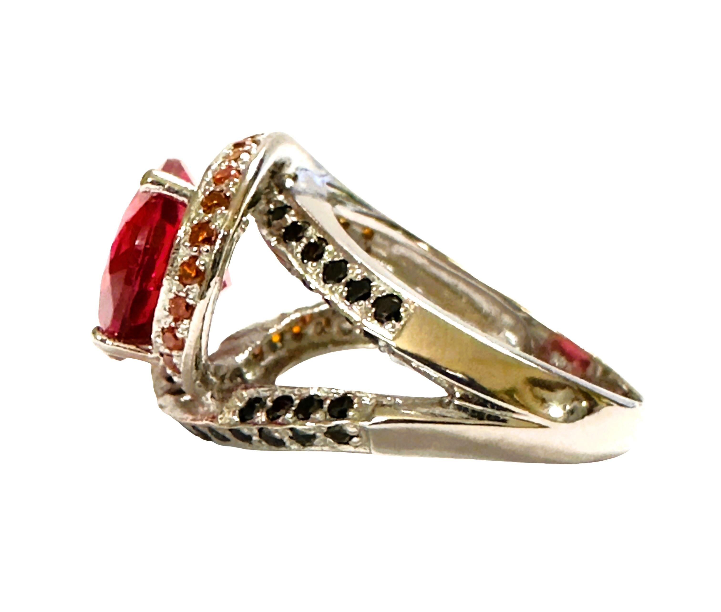 Art Deco New African IF 6.50 Carat Pink Padparadscha & Black Spinel Sterling Ring