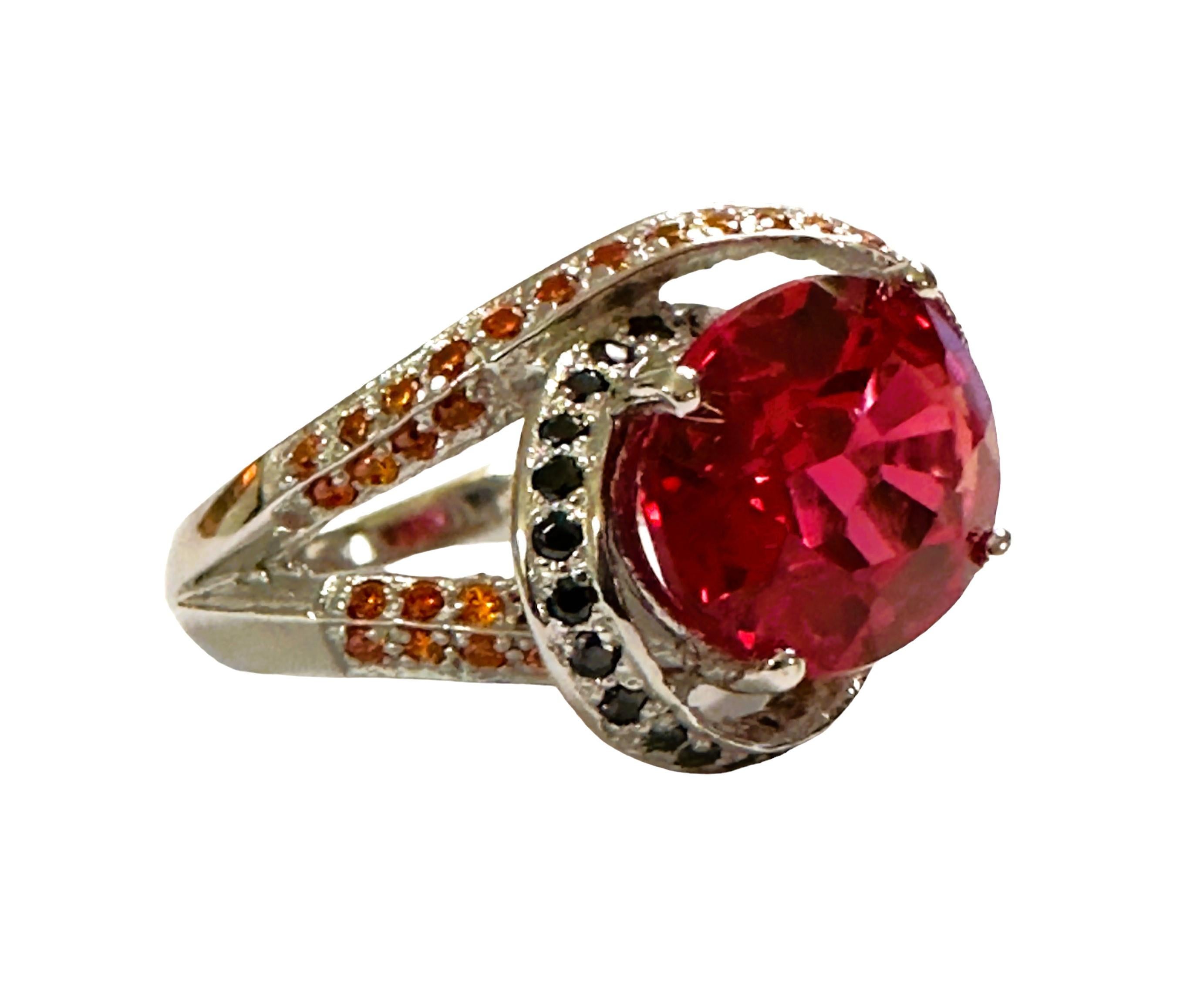 Women's New African IF 6.50 Carat Pink Padparadscha & Black Spinel Sterling Ring