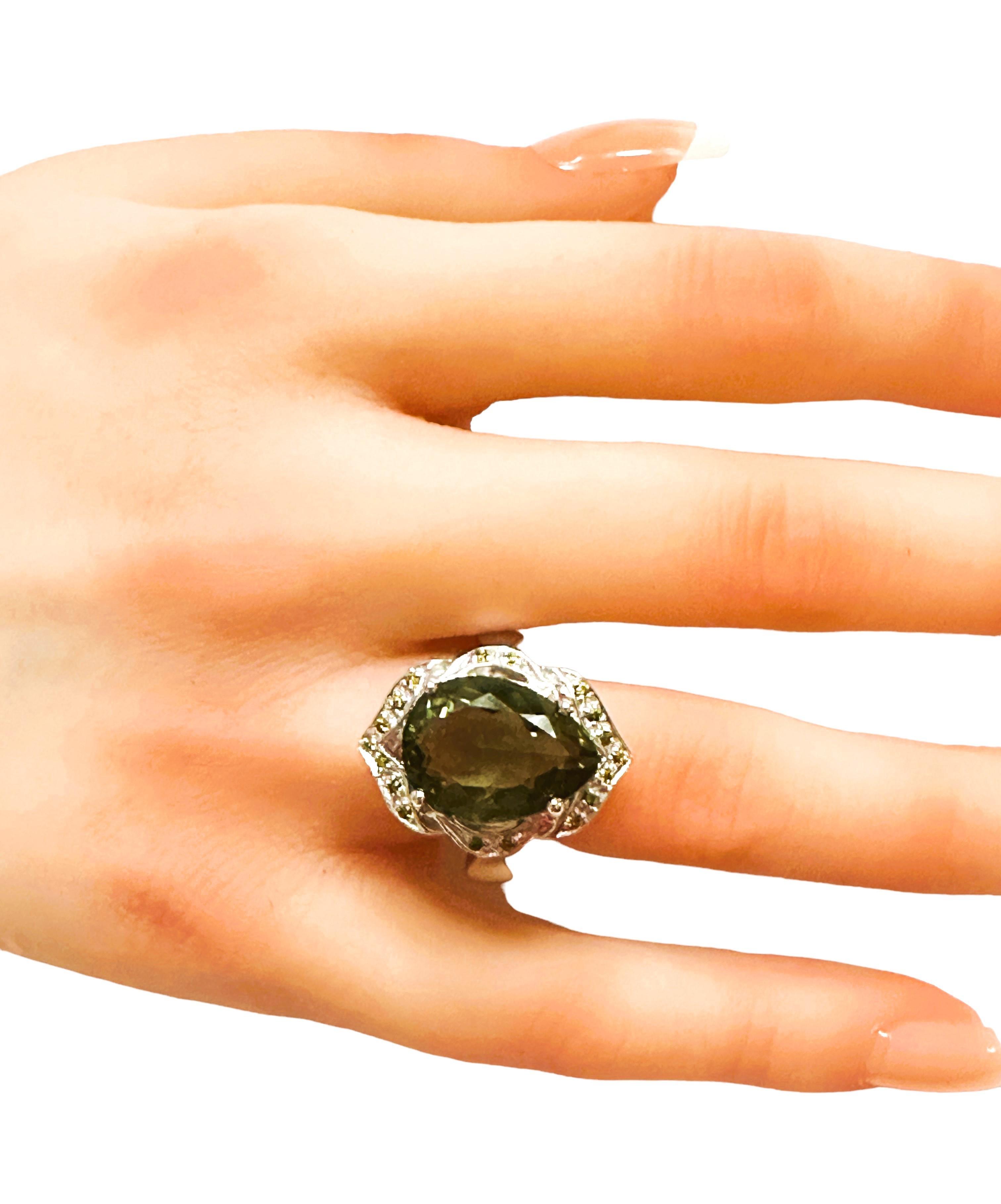 Women's New African IF 9.90 Ct Forest Green Tourmaline & Sapphire Sterling Ring For Sale