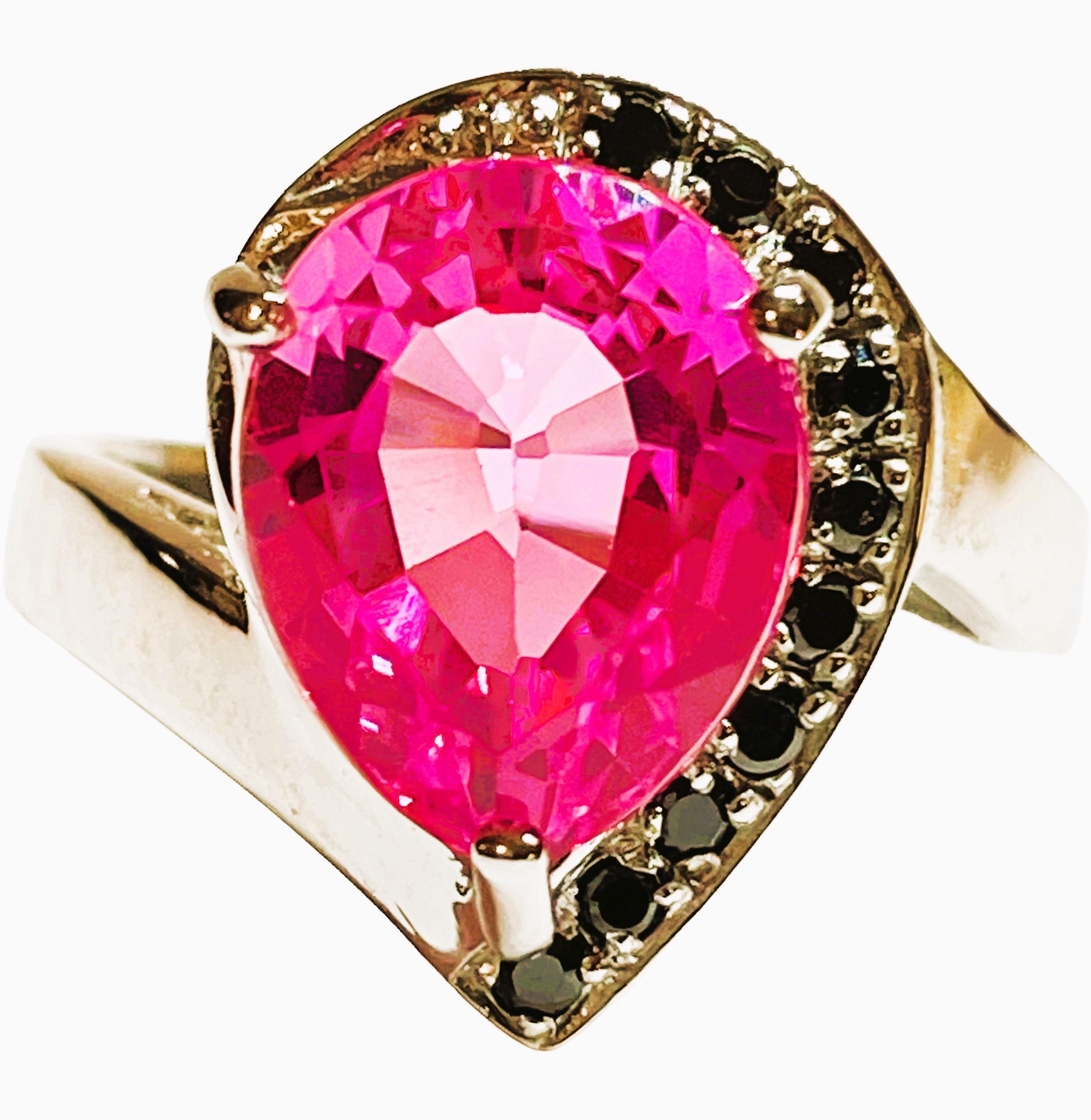 Art Deco New African If Platinum Pink Tourmaline & Black Spinel Sterling Ring