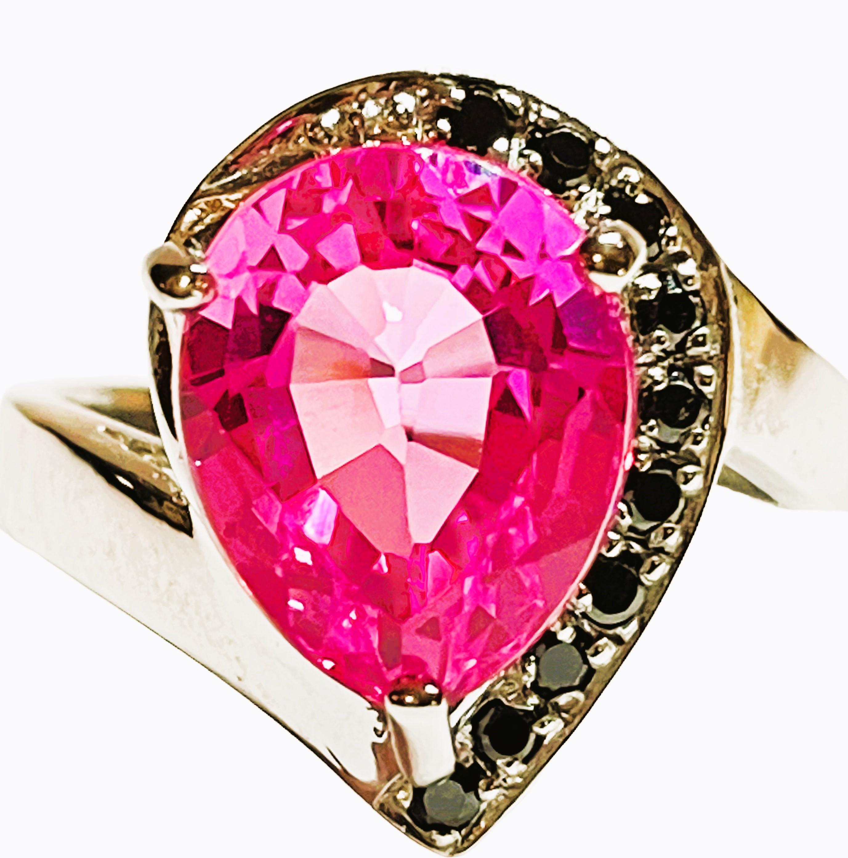 Pear Cut New African If Platinum Pink Tourmaline & Black Spinel Sterling Ring