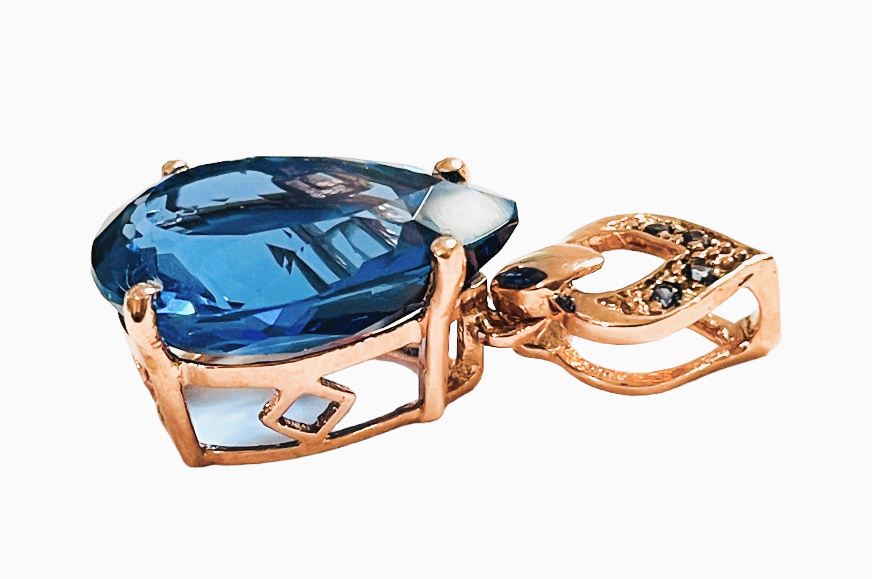New African IF Swiss Blue Topaz & Blue Sapphire Rose Gold Plate Sterling Pendant 1