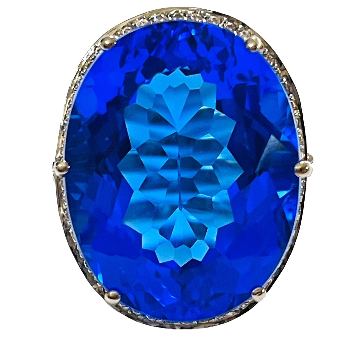 Art Deco New African Intense Swiss Blue Topaz & White Sapp Sterling Ring