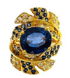 New African Kashmir Blue & White Sapphire YGold Plated Sterling Ring 6.75
