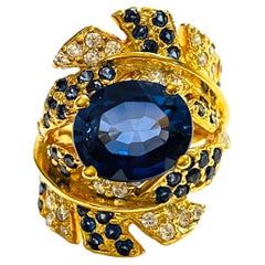 New African Kashmir Blue & White Sapphire YGold Plated Sterling Ring 6.75