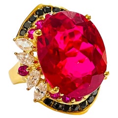 New African Pink Raspberry Topaz, Ruby & Spinel YGold Plated Sterling Ring 6.75