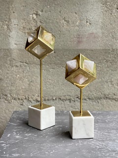 Pair of Geometric Faceted Natural Rock Crystal & Brass Sculptures