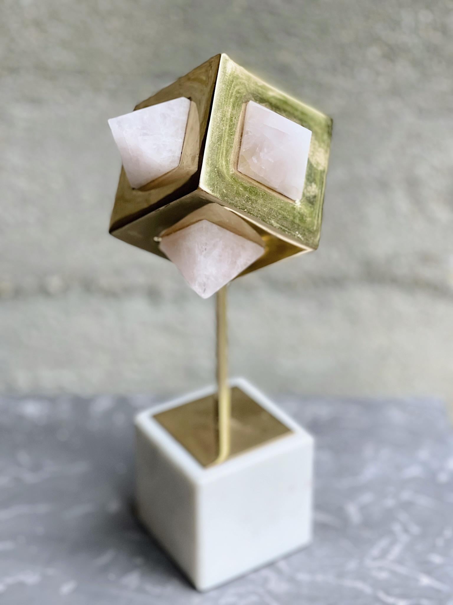 Unknown Pair of Geometric Faceted Natural Rock Crystal & Brass Sculptures For Sale