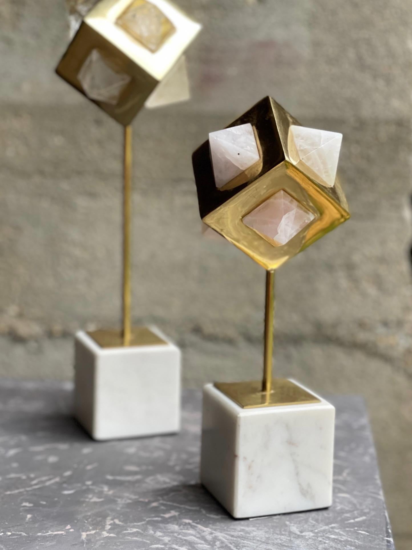 Carved Pair of Geometric Faceted Natural Rock Crystal & Brass Sculptures For Sale