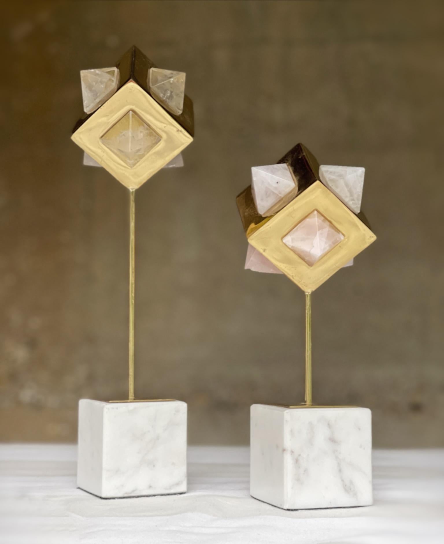 Metal Pair of Geometric Faceted Natural Rock Crystal & Brass Sculptures For Sale