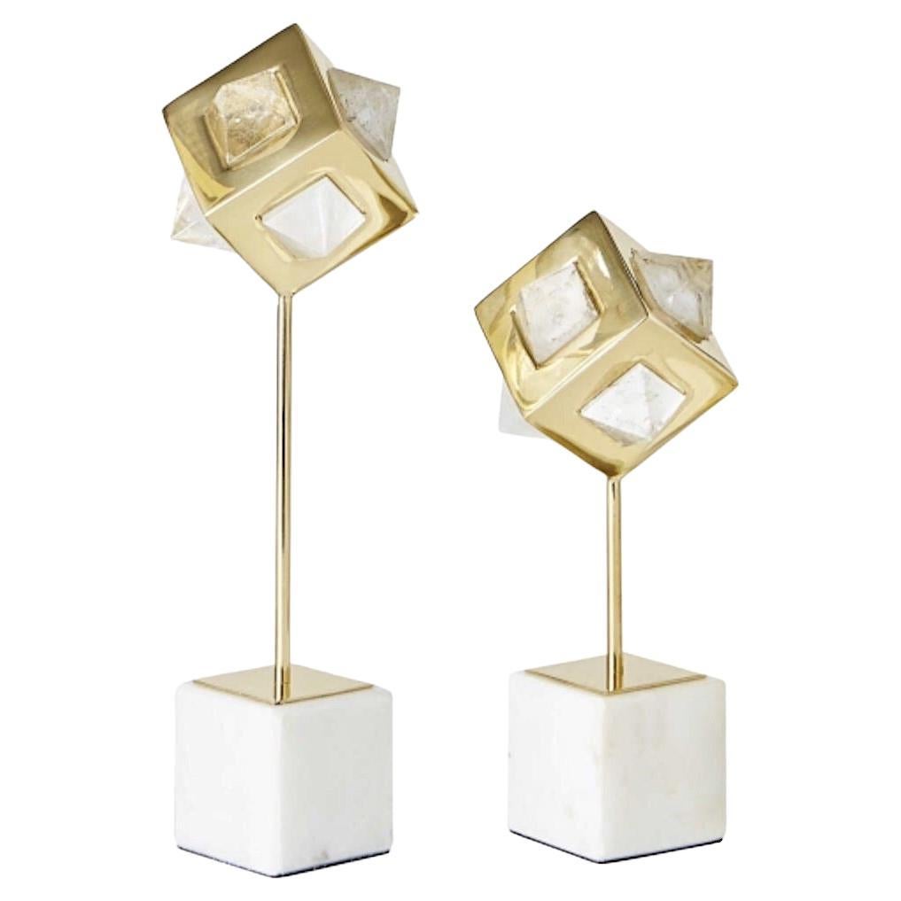 Pair of Geometric Faceted Natural Rock Crystal & Brass Sculptures