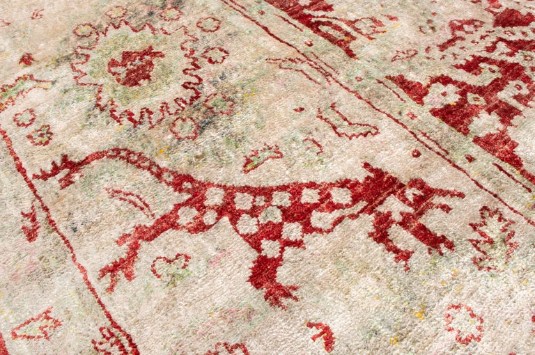 Hand-Knotted New Agra Transitional Red and Ivory Silk Rug For Sale