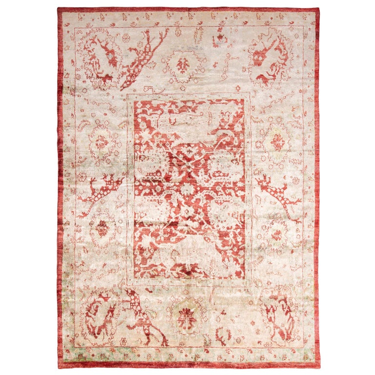 New Agra Transitional Red and Ivory Silk Rug For Sale