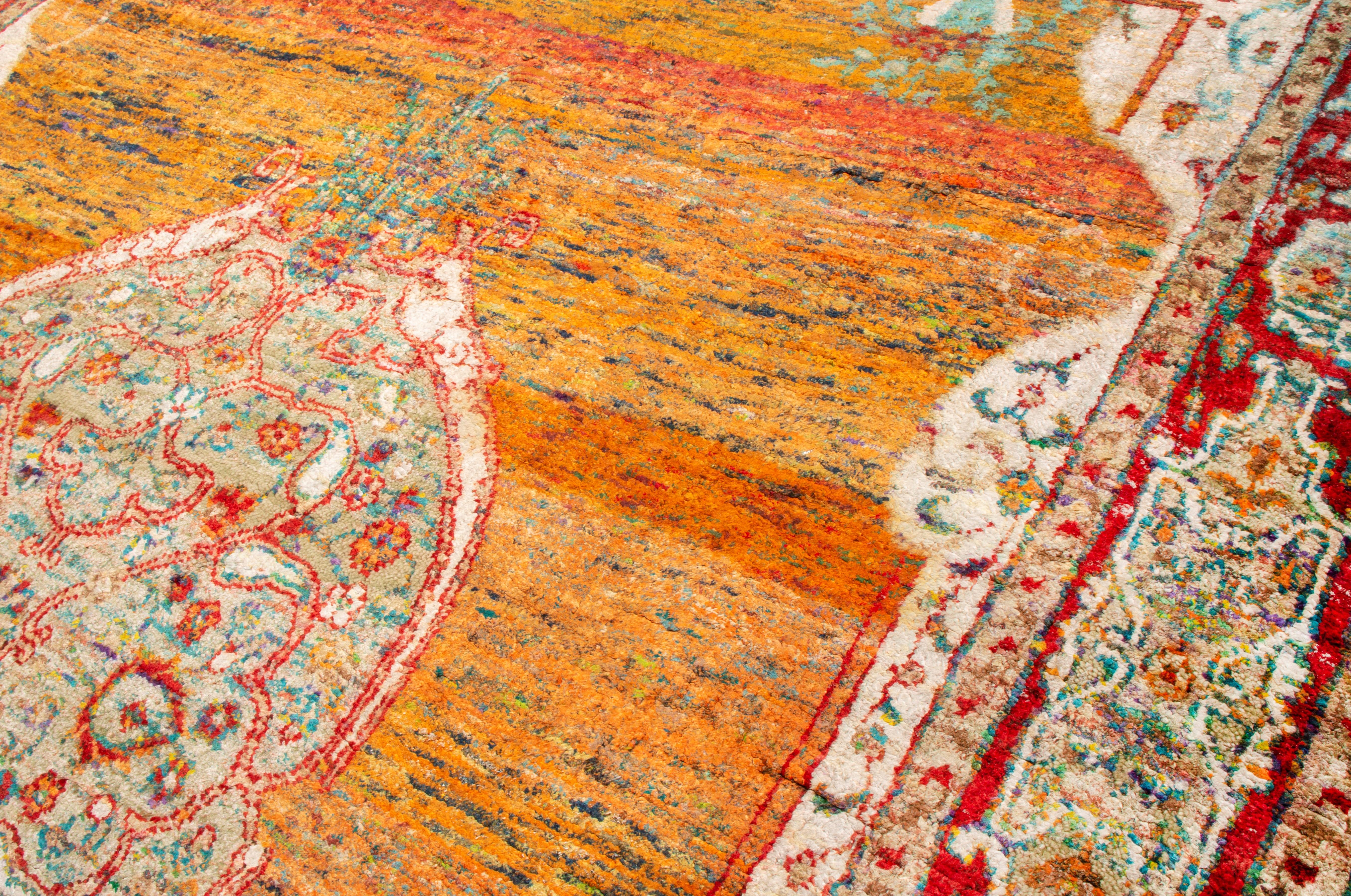 Indian New Agra Transitional Red and Orange Silk Rug