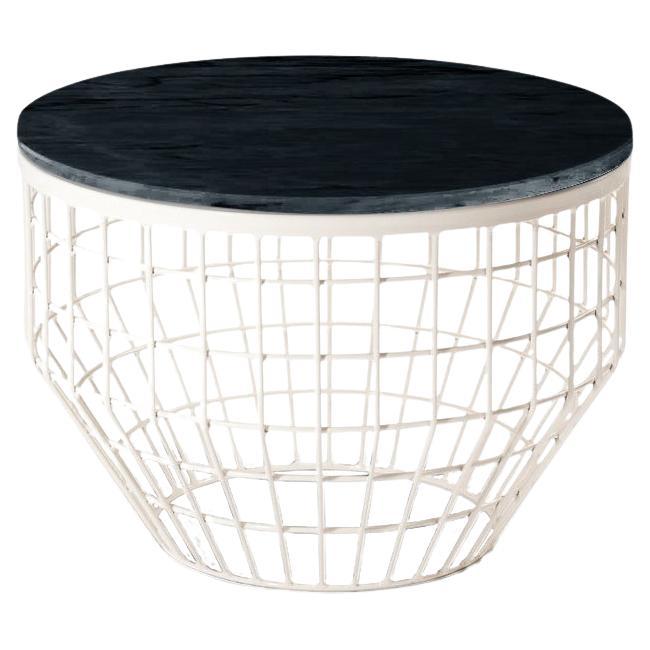 Table d'appoint en métal blanc et plateau en marbre Nero Marquina, Neuf