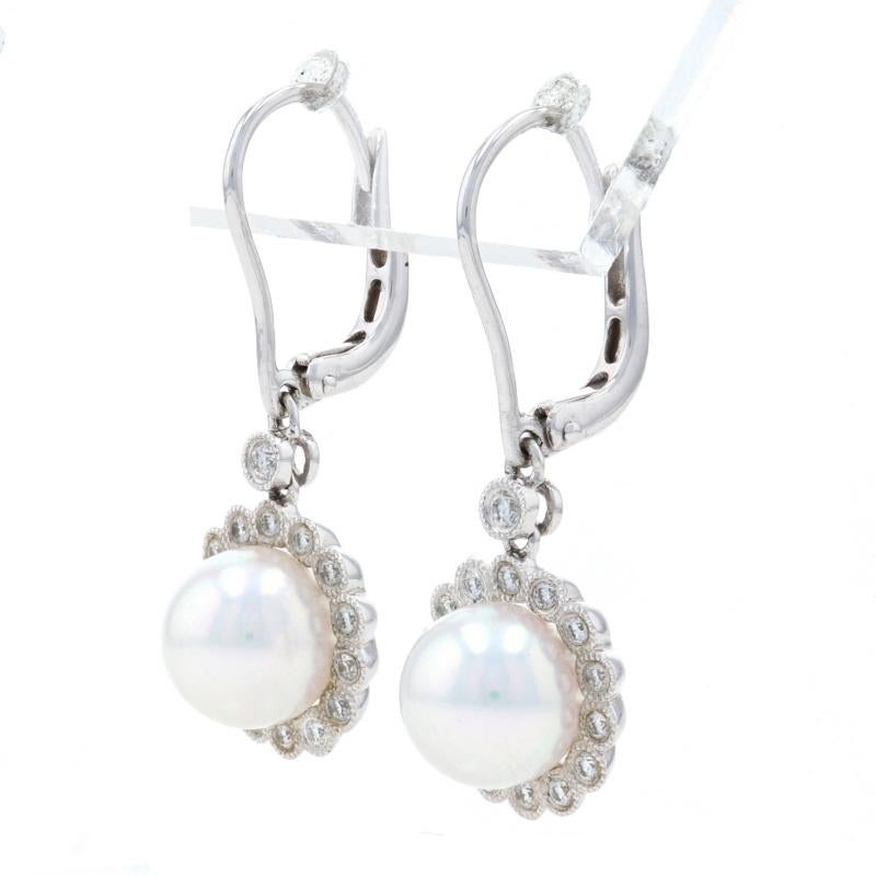 Bead New Akoya Pearl & Diamond Halo Earrings, 14k White Gold Drop Pierced .22ctw