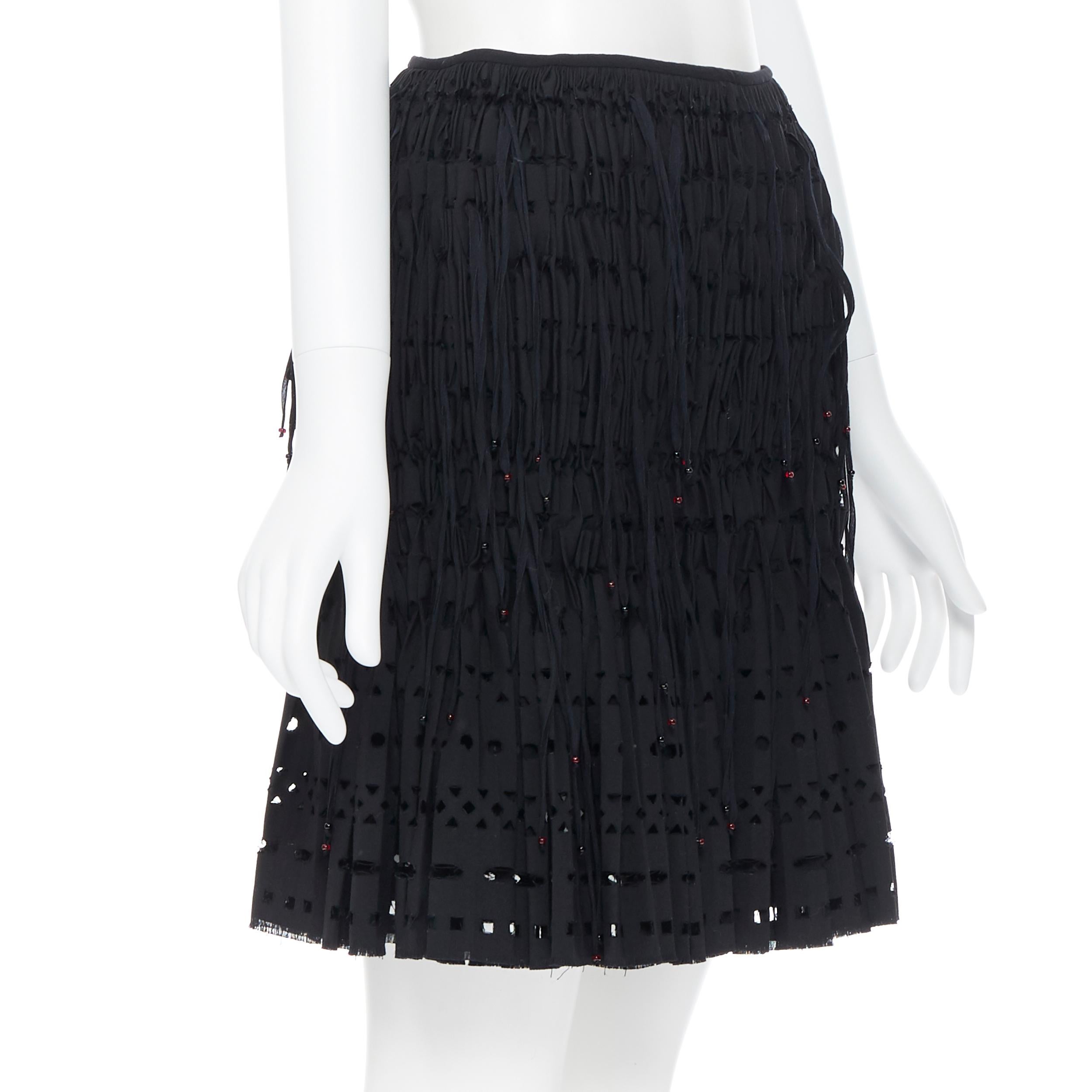 new ALAIA black geometric cut out pleated shirred red bead fringe skirt FR38 In New Condition For Sale In Hong Kong, NT