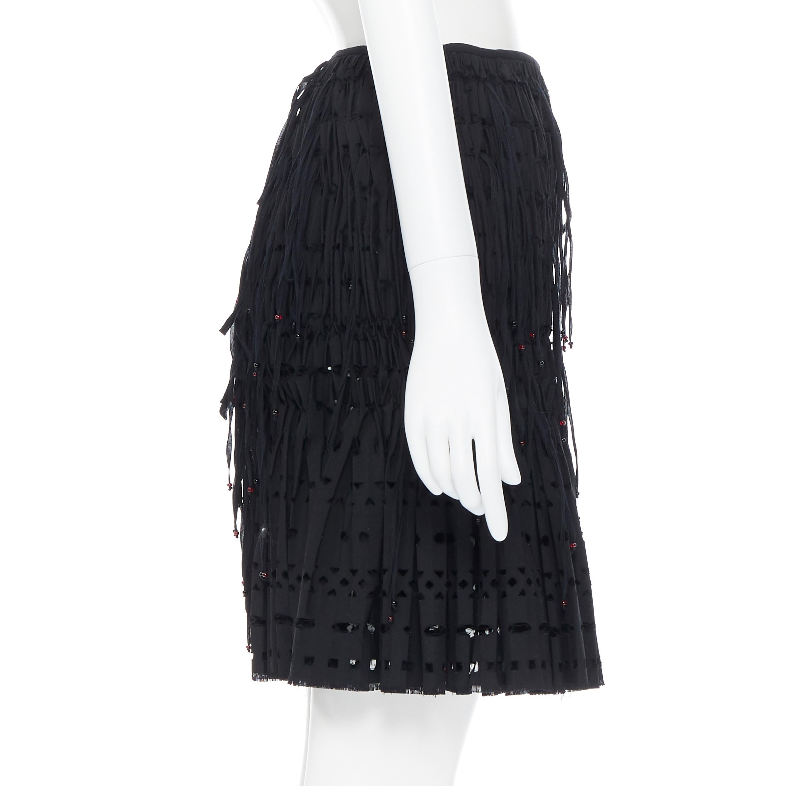 Women's new ALAIA black geometric cut out pleated shirred red bead fringe skirt FR38 For Sale