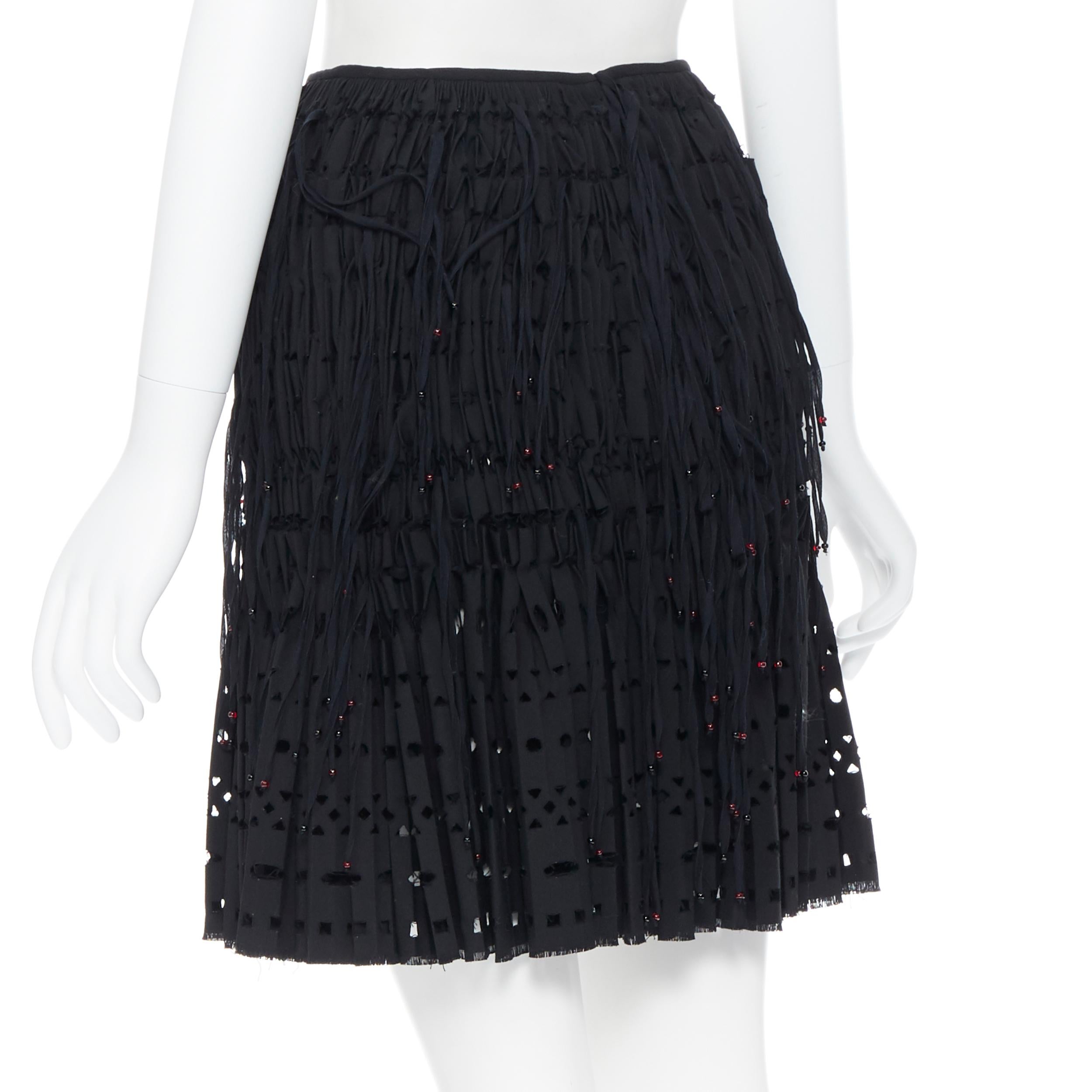 new ALAIA black geometric cut out pleated shirred red bead fringe skirt FR38 For Sale 2
