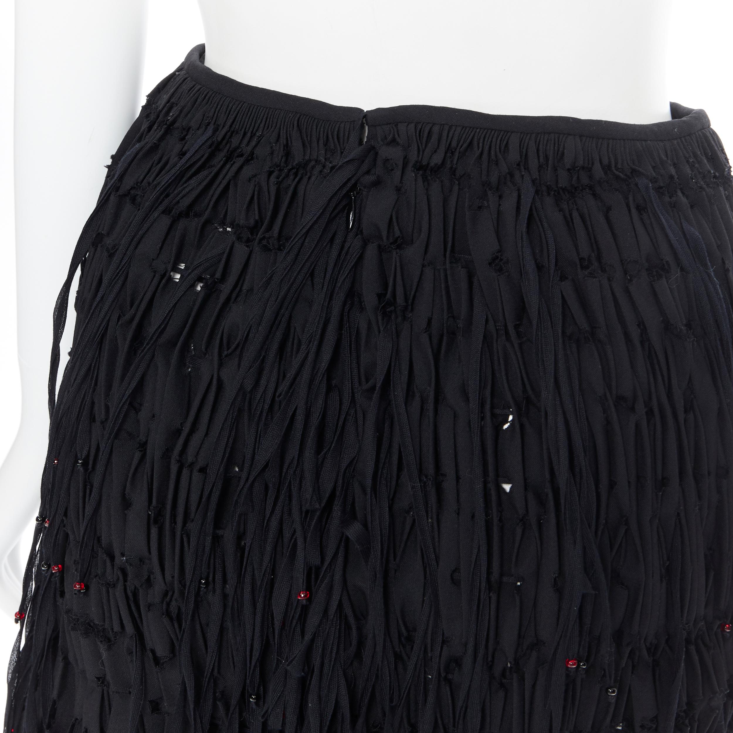new ALAIA black geometric cut out pleated shirred red bead fringe skirt FR38 For Sale 3