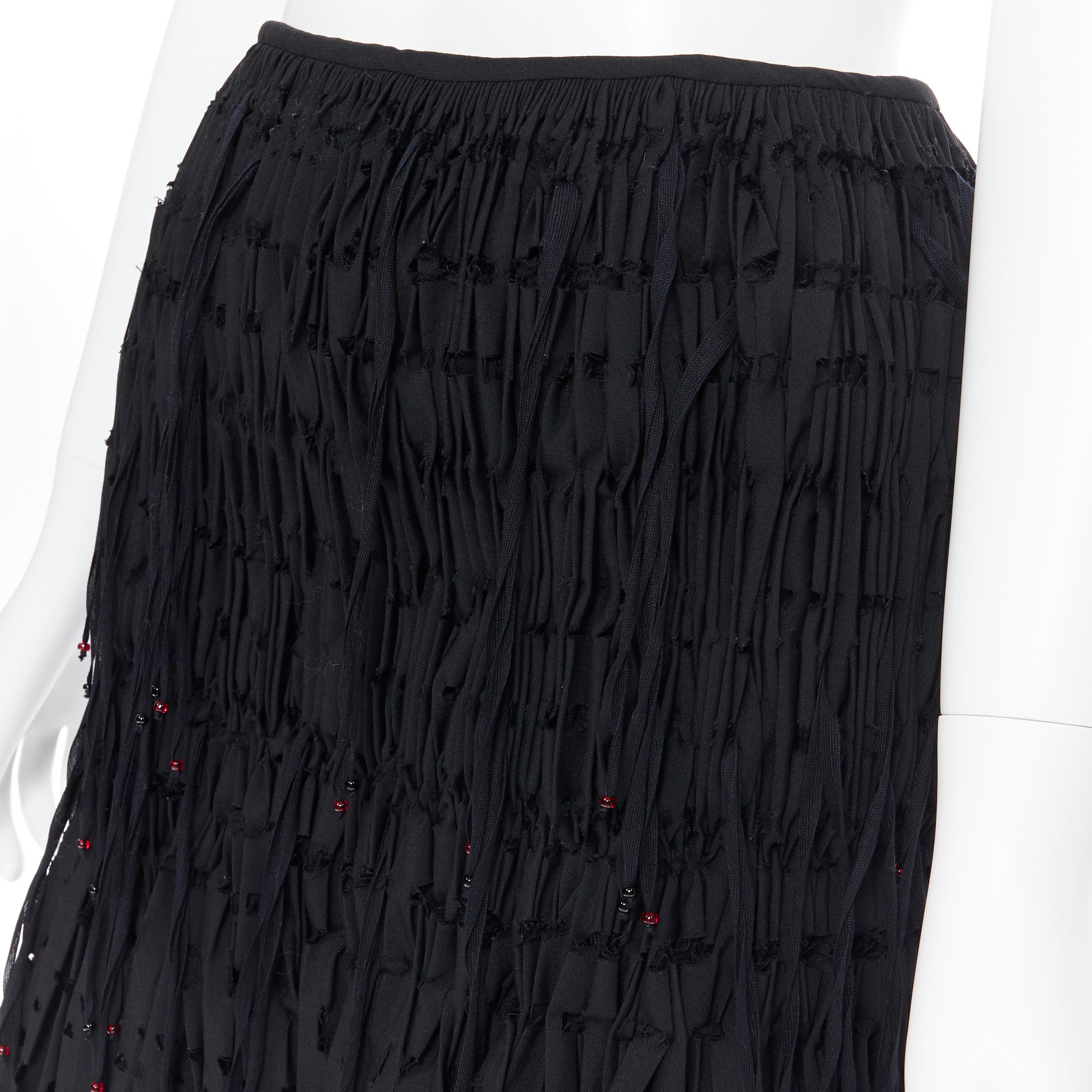 new ALAIA black geometric cut out pleated shirred red bead fringe skirt FR38 For Sale 4