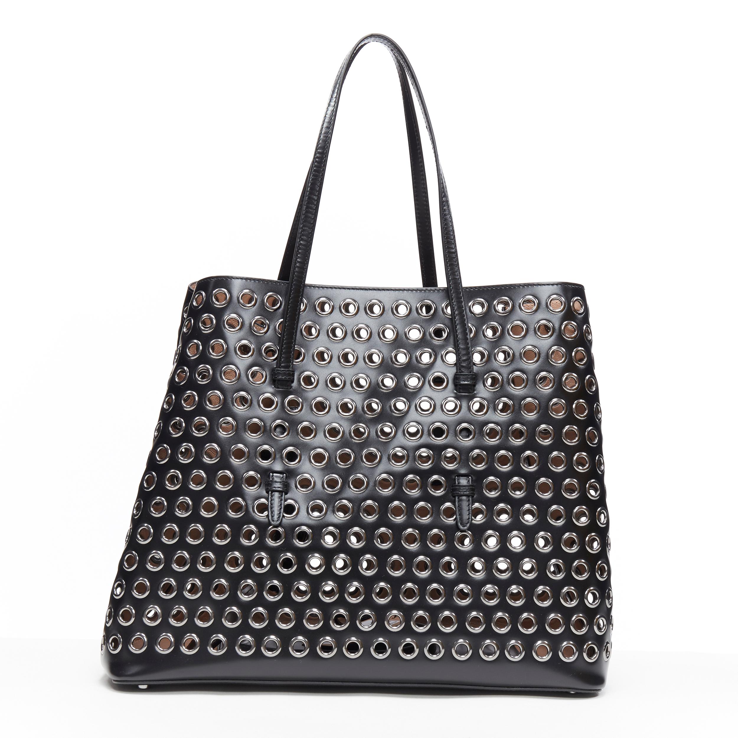  nouveau ALAIA sac fourre-tout extensible grand format en cuir noir et métal perforé Pour femmes 