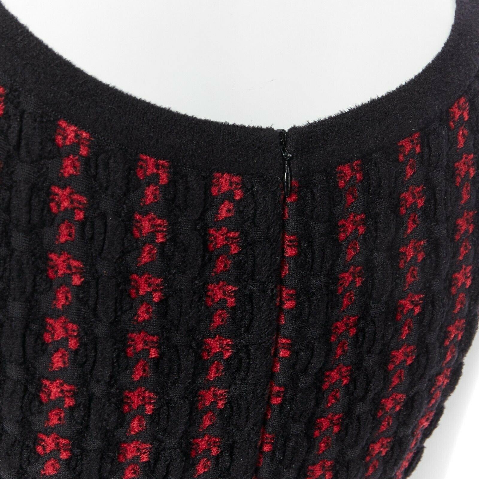 new ALAIA black red fleece wool geometric knit jacquard fit flare dress FR42 L 6
