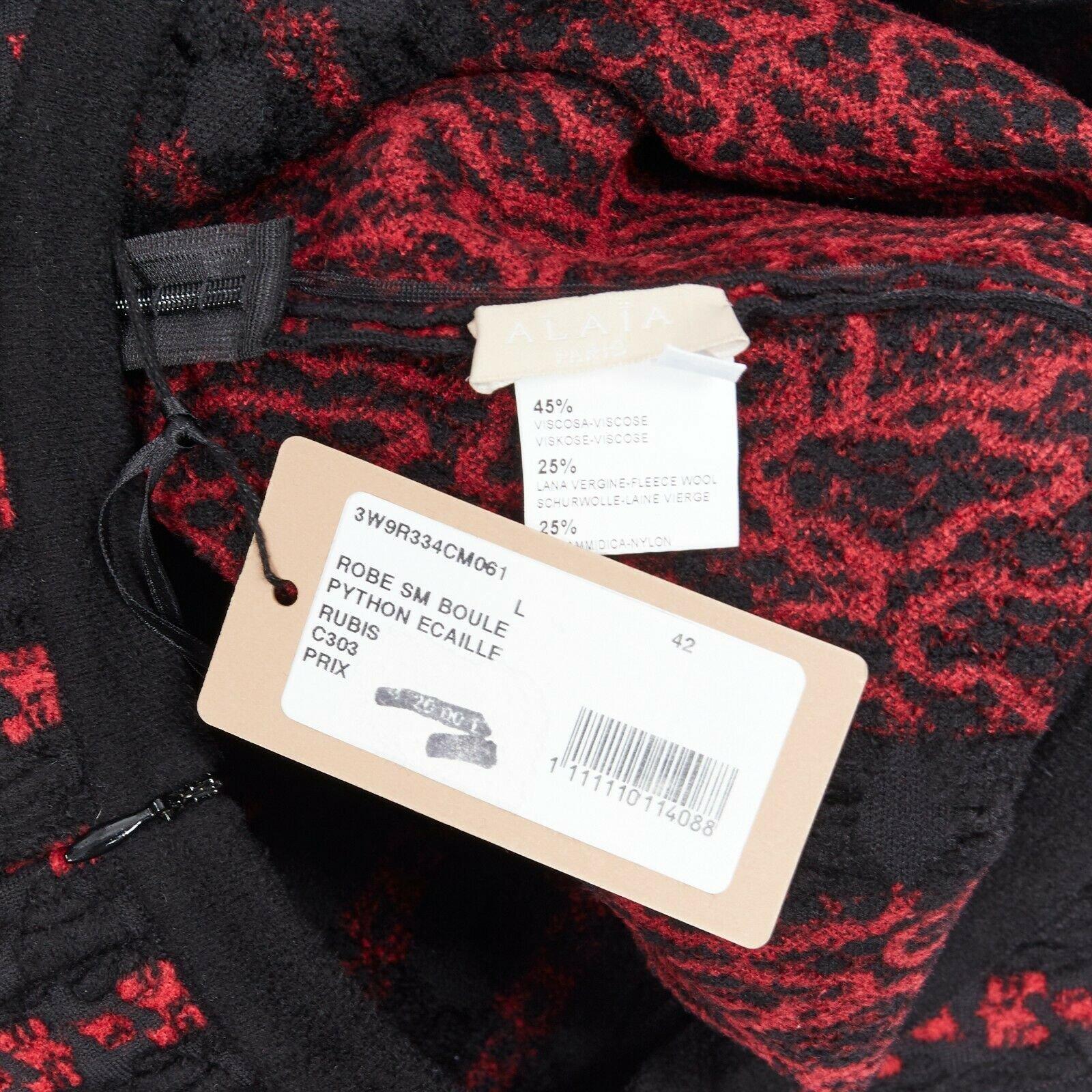 new ALAIA black red fleece wool geometric knit jacquard fit flare dress FR42 L 7