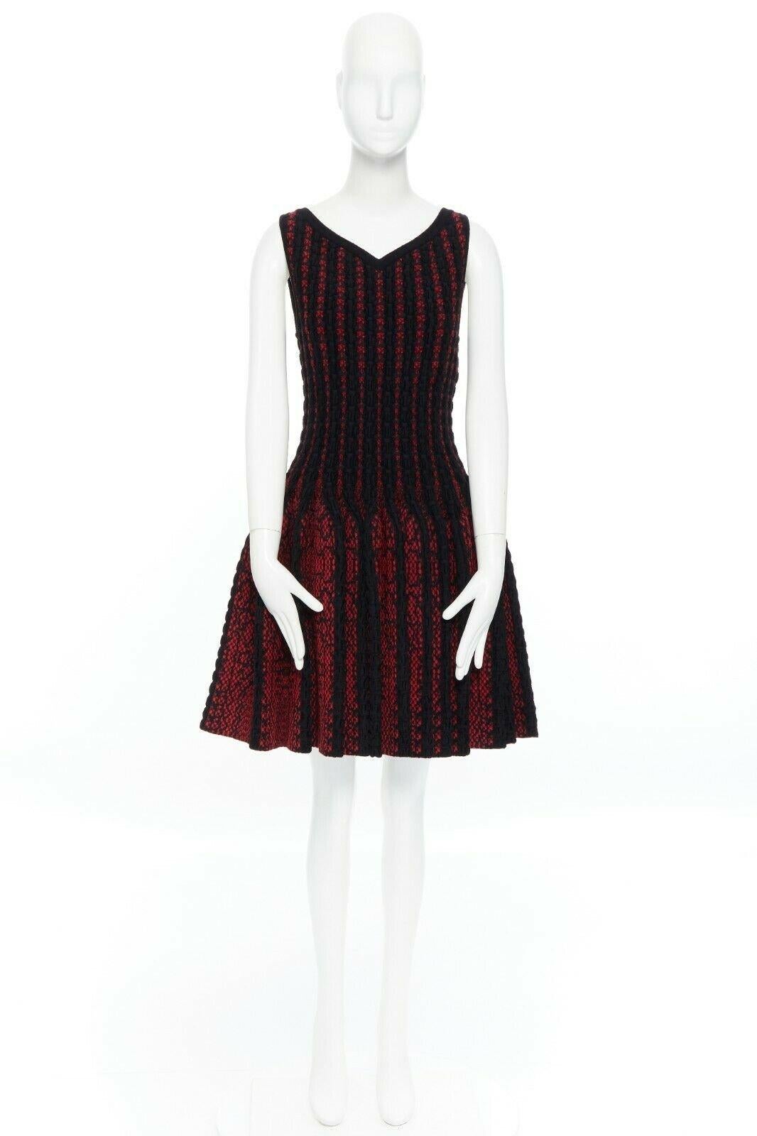 Black new ALAIA black red fleece wool geometric knit jacquard fit flare dress FR42 L