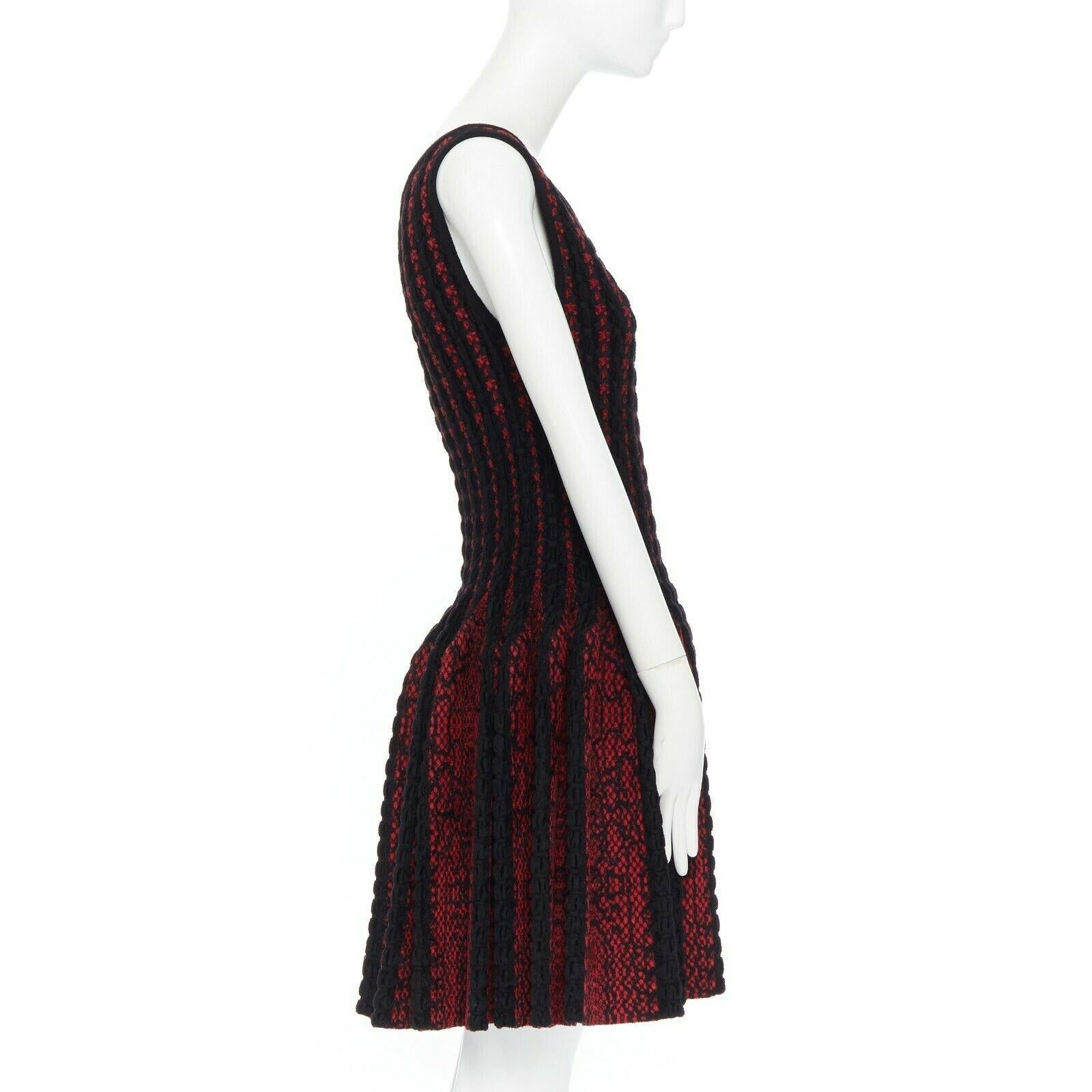 Women's new ALAIA black red fleece wool geometric knit jacquard fit flare dress FR42 L