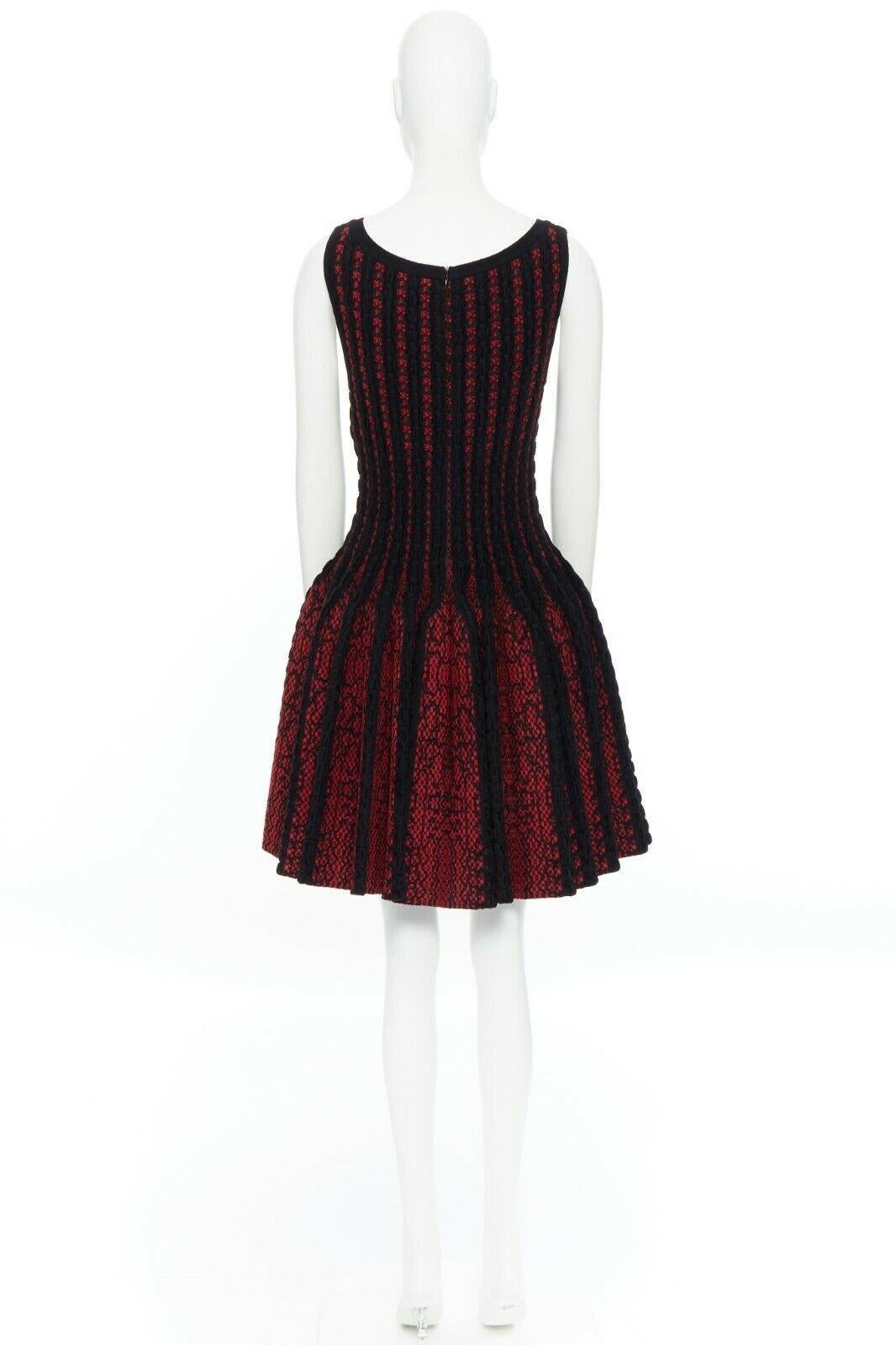 new ALAIA black red fleece wool geometric knit jacquard fit flare dress FR42 L 1