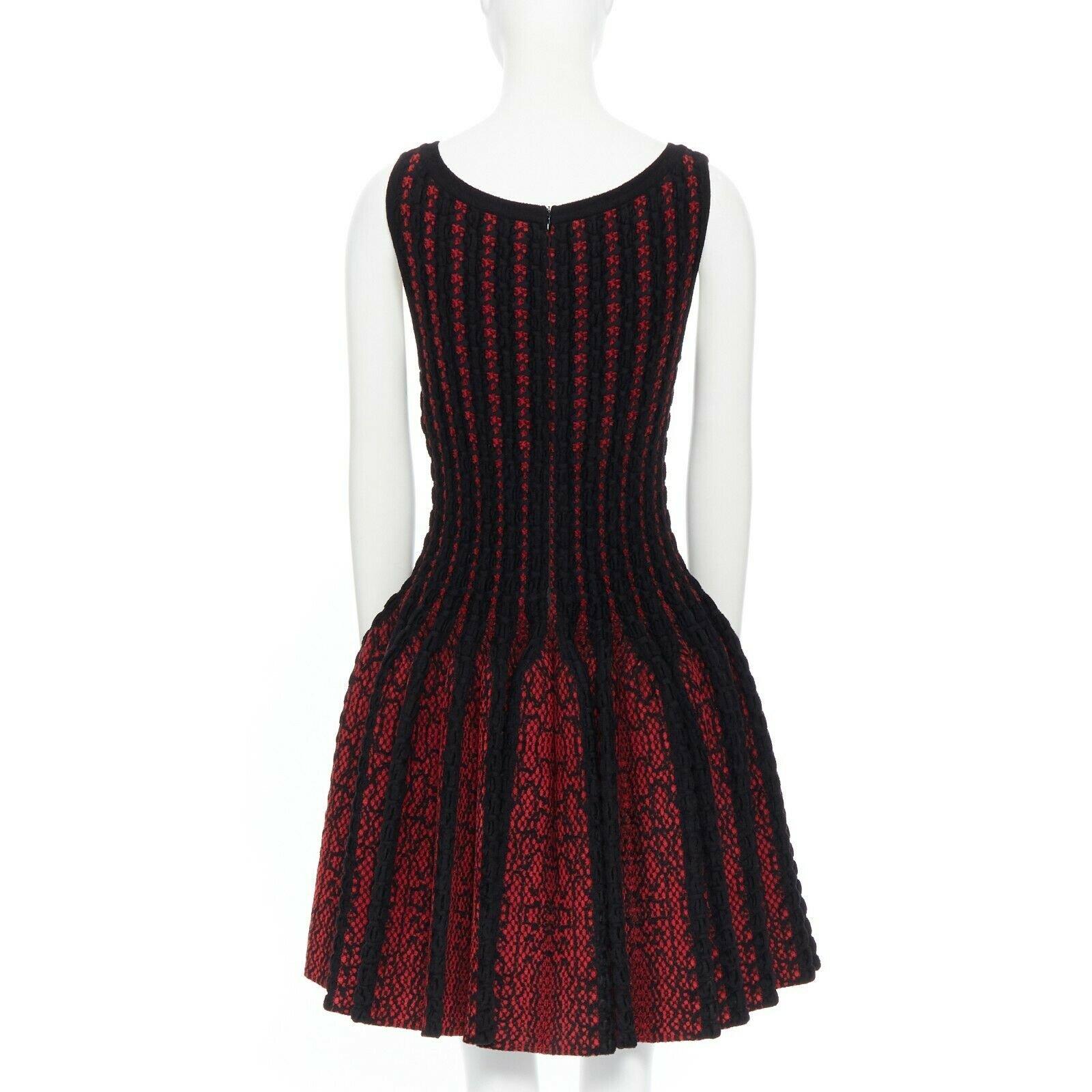 new ALAIA black red fleece wool geometric knit jacquard fit flare dress FR42 L 2