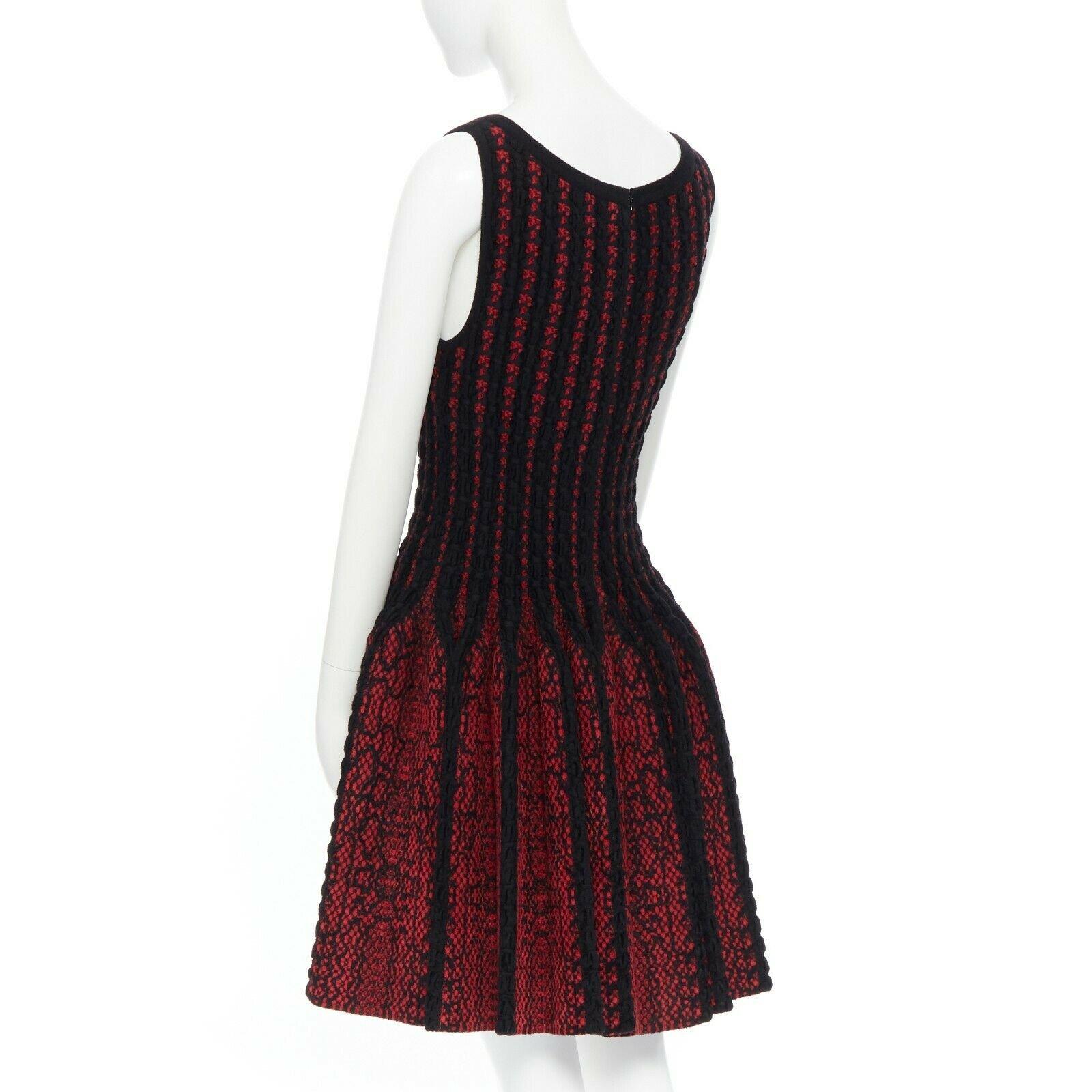 new ALAIA black red fleece wool geometric knit jacquard fit flare dress FR42 L 3