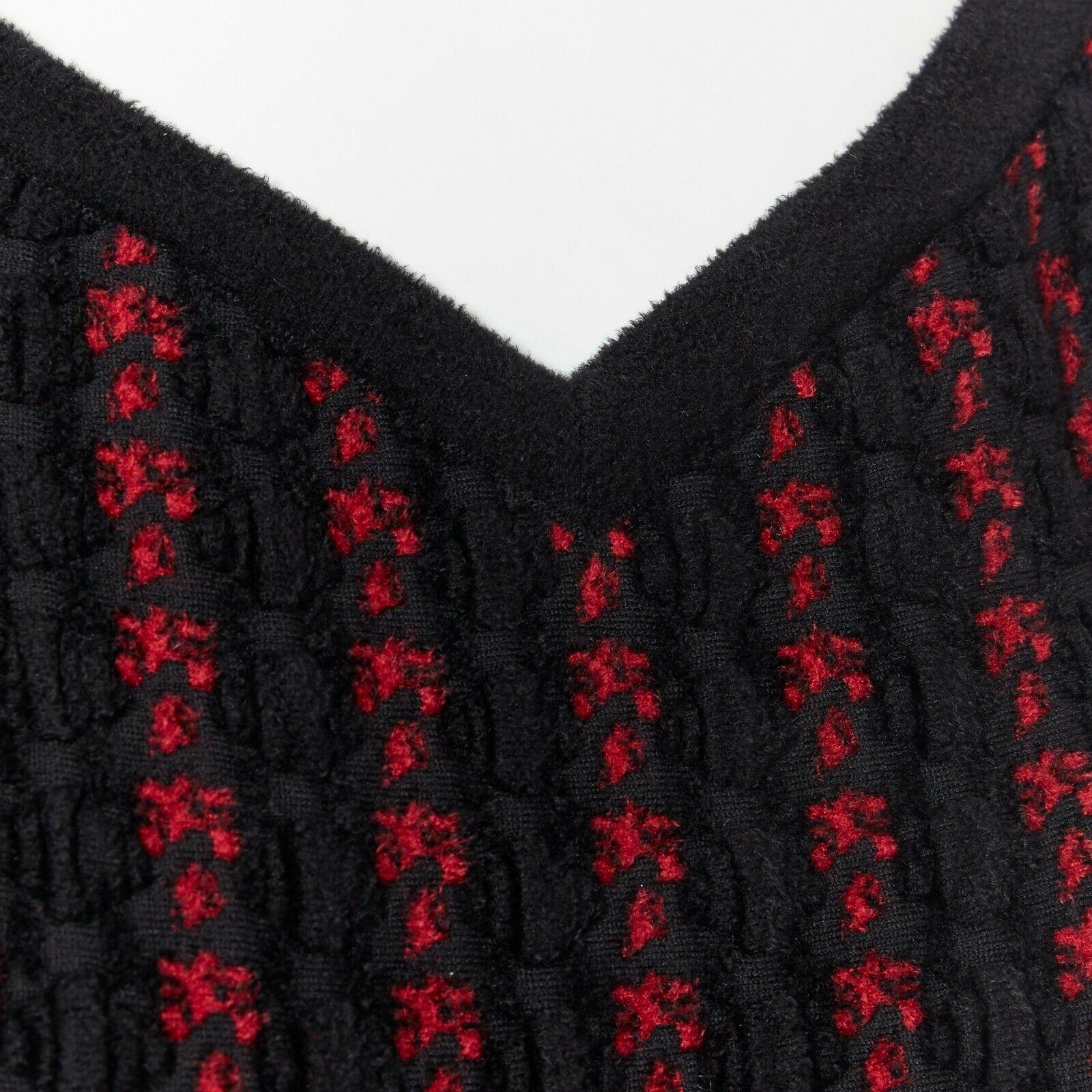 new ALAIA black red fleece wool geometric knit jacquard fit flare dress FR42 L 4