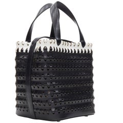 new ALAIA black white puzzle woven leather top handle shoulder bucket tote bag