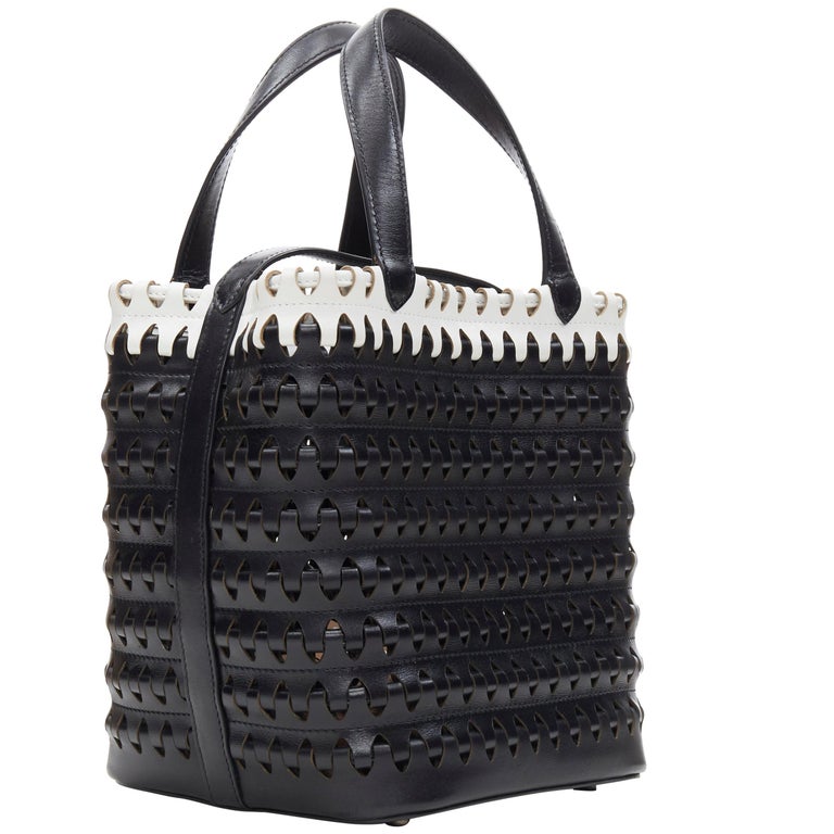 new ALAIA black white puzzle woven leather top handle shoulder bucket ...