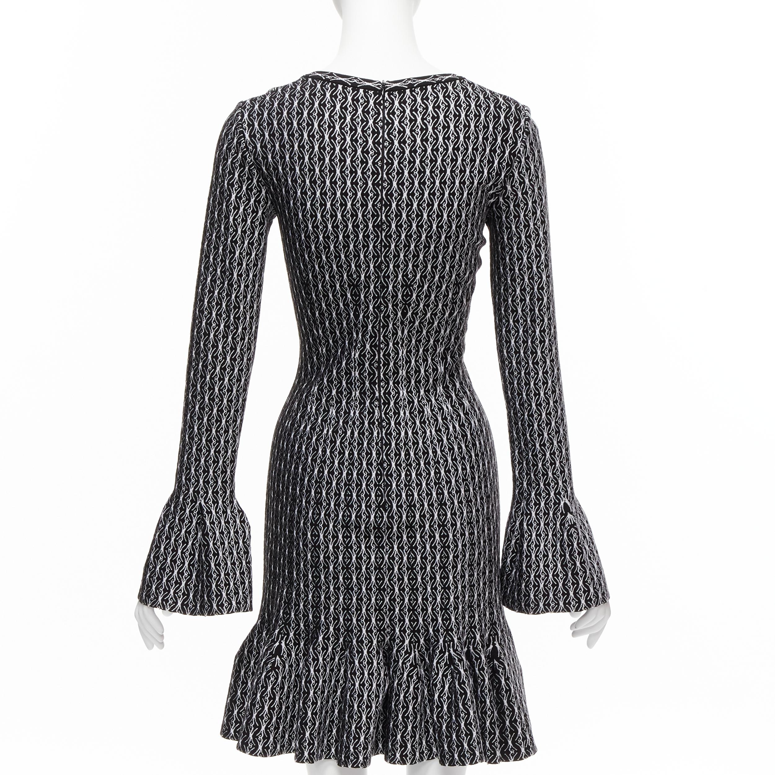 Women's new ALAIA black white wool jacquard square neck flared hem cocktail dress FR38 M For Sale