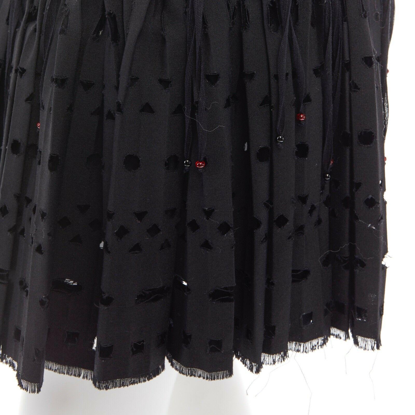 new ALAIA black wool bead embellished fringe cutout pleated skirt FR38 S 26