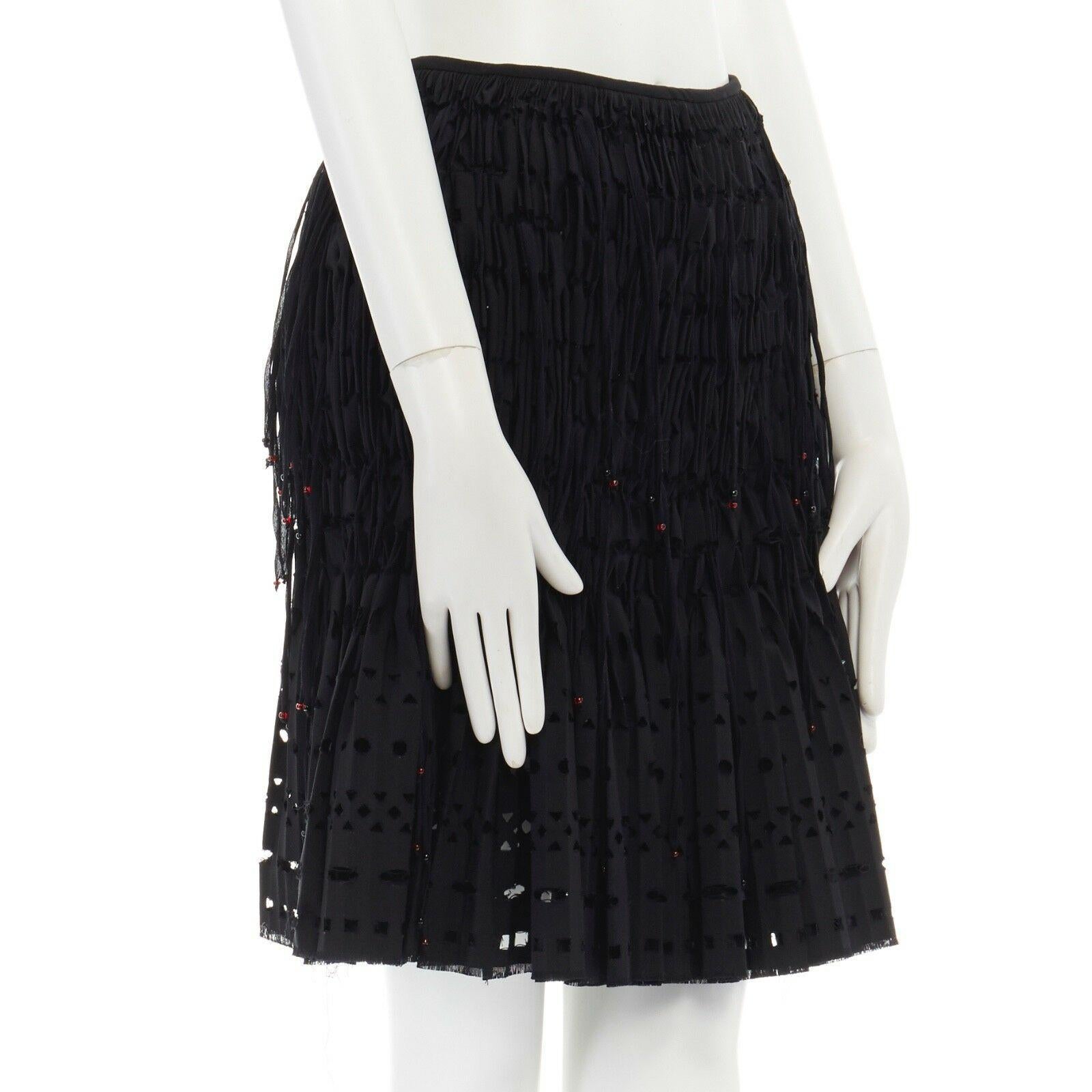 new ALAIA black wool bead embellished fringe cutout pleated skirt FR38 S 26