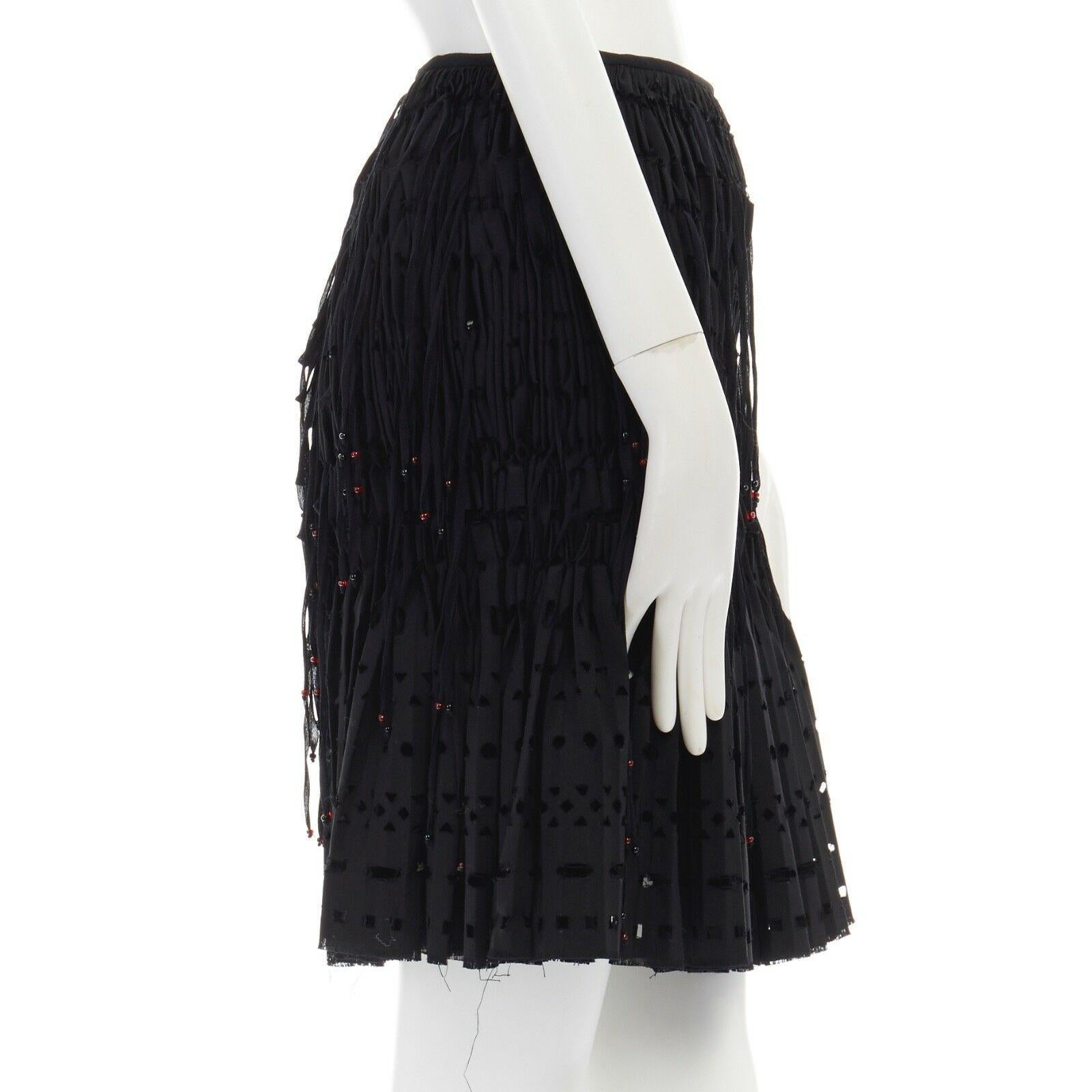 Women's new ALAIA black wool bead embellished fringe cutout pleated skirt FR38 S 26