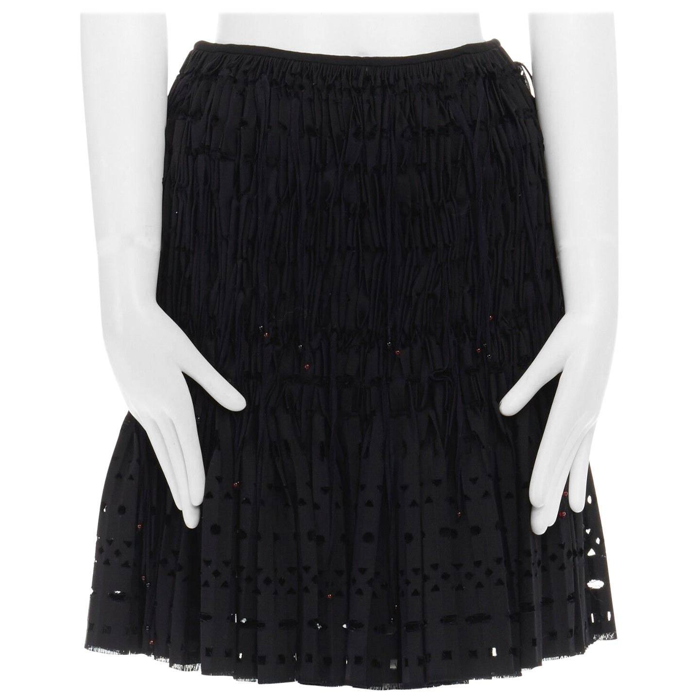 new ALAIA black wool bead embellished fringe cutout pleated skirt FR38 S 26"