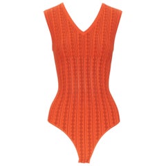 new ALAIA orange geometric jacquard ribbed knit V-neck bodysuit top FR38 S