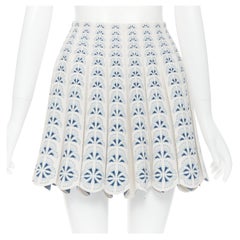 new ALAIA white blue floral petal jacquard scalloped panel mini skirt FR36 S