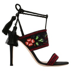 Neu Alberta Ferretti Perlenbesetzte und bestickte Stiletto-Sandalen aus Satin mit Absatz 39  US 9