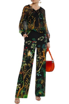 New ALBERTA FERRETTI Jungle Printed Black Silk Wide-Leg Pants It. 44