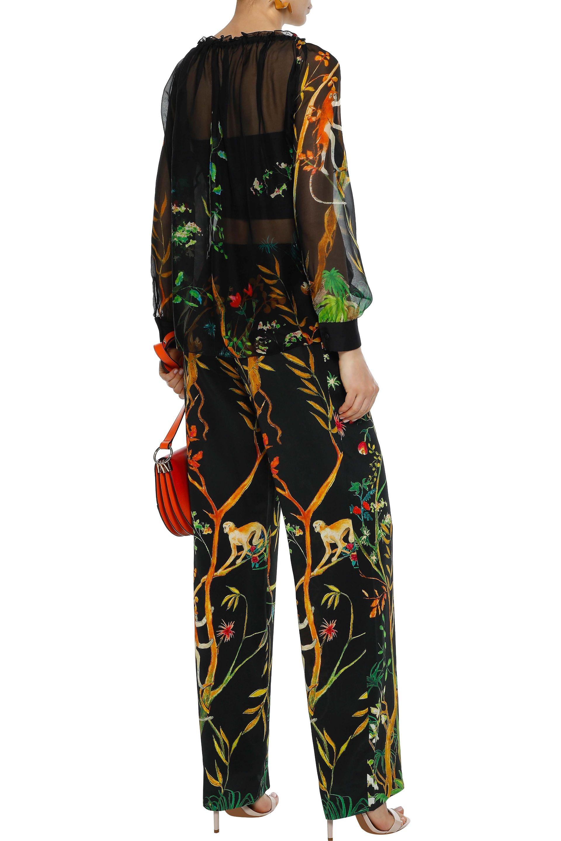 Nero Nuovo ALBERTA FERRETTI Jungle Printed Black Silk Wide-Leg Pants It. 44 in vendita